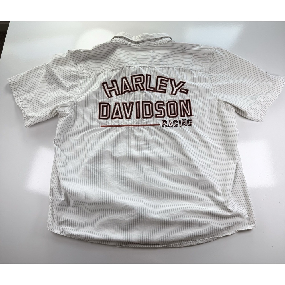Harley Davidson Shirt Mens‎ 2xl White Embroidered Logo Pinstripe Racing Vintage